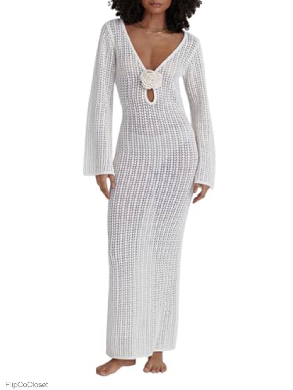 Knitted Hollow Out Open Back Tie-Up Maxi Beach Cover-Up Dress